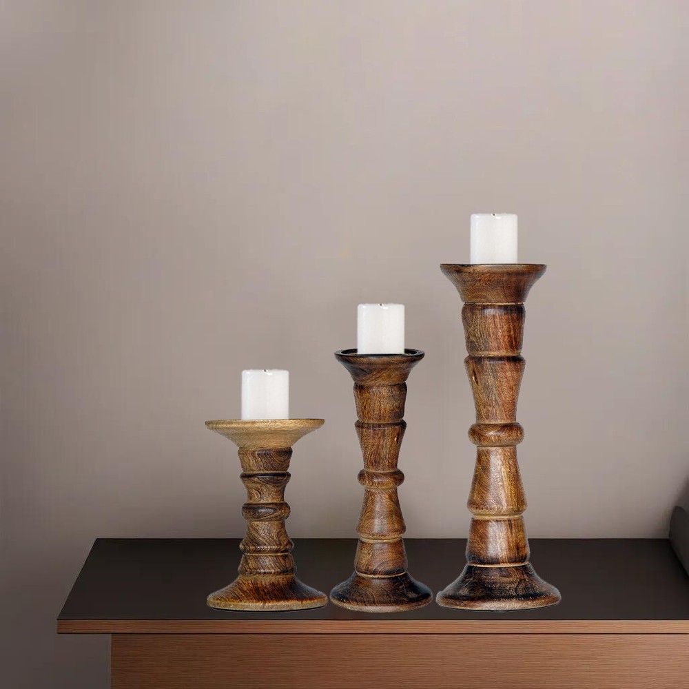 Handmade Eco-Friendly Medium Burnt Mango Wood Set Of Three Pillar Candle Holder