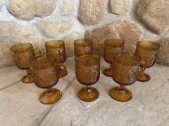 Vintage Glass Set of 8 Goblet MCM Orange Colored Raised Pattern Goblet 5.5″ tall