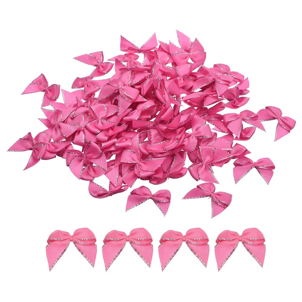 100Pcs Mini Metallic Edge Ribbon Bow 1″ Flower Bows Soft Silver Edge Pink