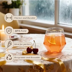 40 Pack 12oz Diamond Plastic Wine Glasses with Gold Rim, Disposable Stemless