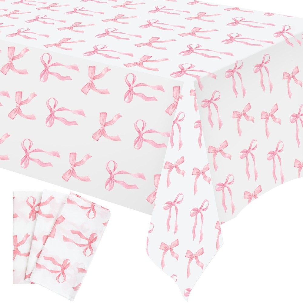 Oudain 3 Pcs Pink Bow Table Cloth 54 x 108 54 x 108 inches, and White