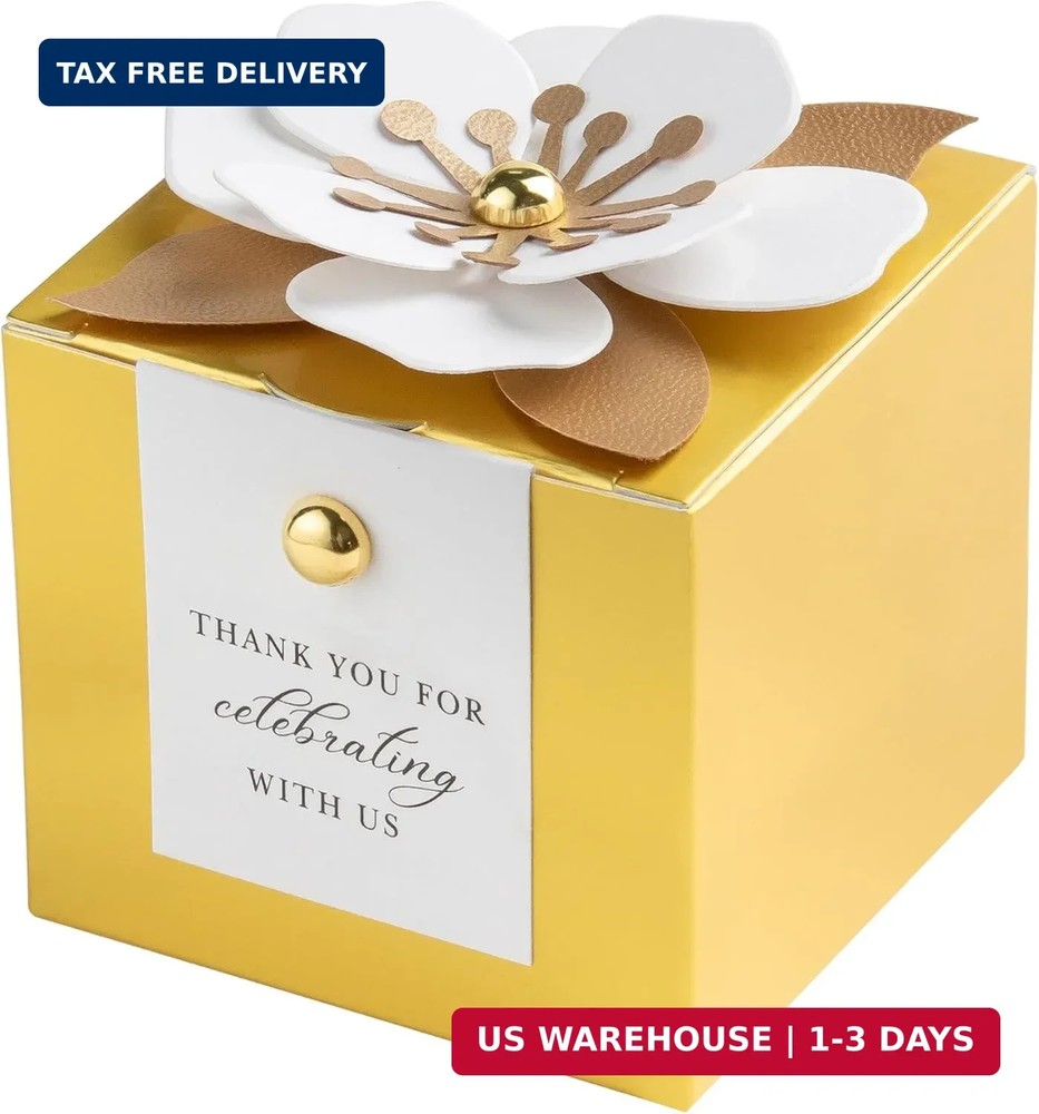 FEIYI 20 PCS Candy Boxes, 3 In 1 Gold Favor Boxes with Floral Decor, White Thank