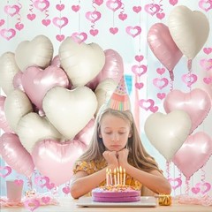White Heart Balloons, 24Pcs 18Inch Baby Cream White Foil Shaped Love Pink