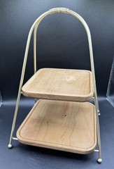 Two Tier Tray Cupcake Holder Display Natural Wood Gold Metal Kitchen Table Decor