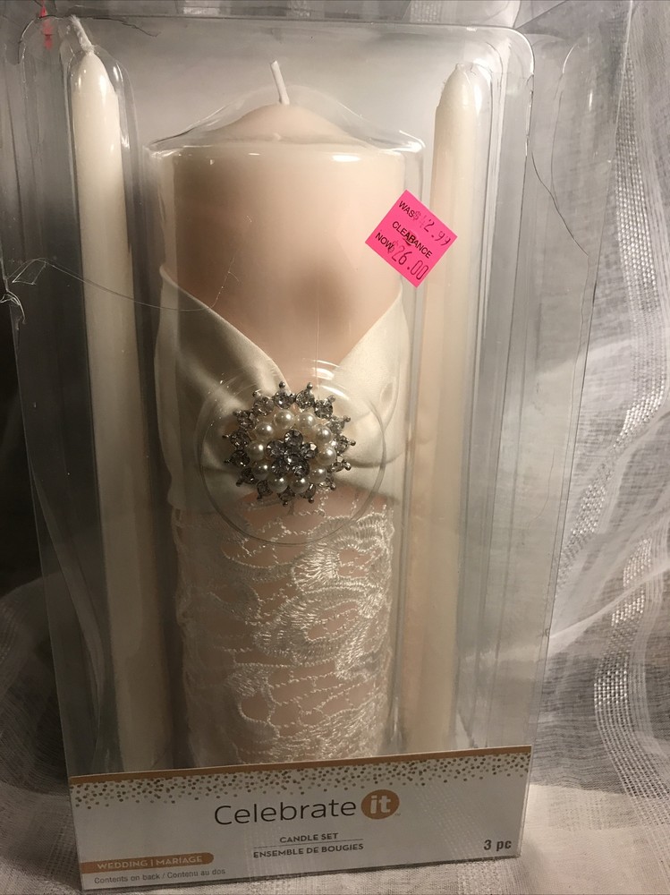 CELEBRATE IT WEDDING CANDLE SET 3 pc NEW LACE RHINESTONE PEARLS SALE! Stunning