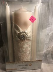 CELEBRATE IT WEDDING CANDLE SET 3 pc NEW LACE RHINESTONE PEARLS SALE! Stunning