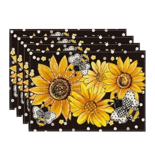 Sunflower Bee Flower Polka Dot Summer 12″ x 18″, Rectangular 4 Pcs Black