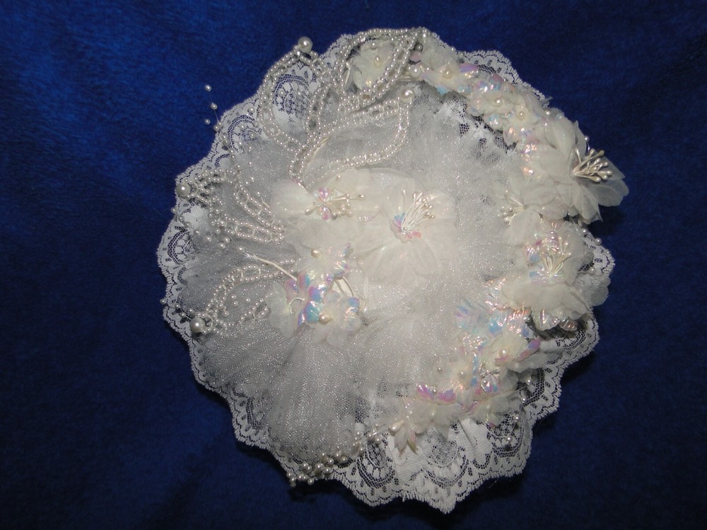 New Stunning Iridescent white floral and beaded leaves, tulle Bridal Bouquet