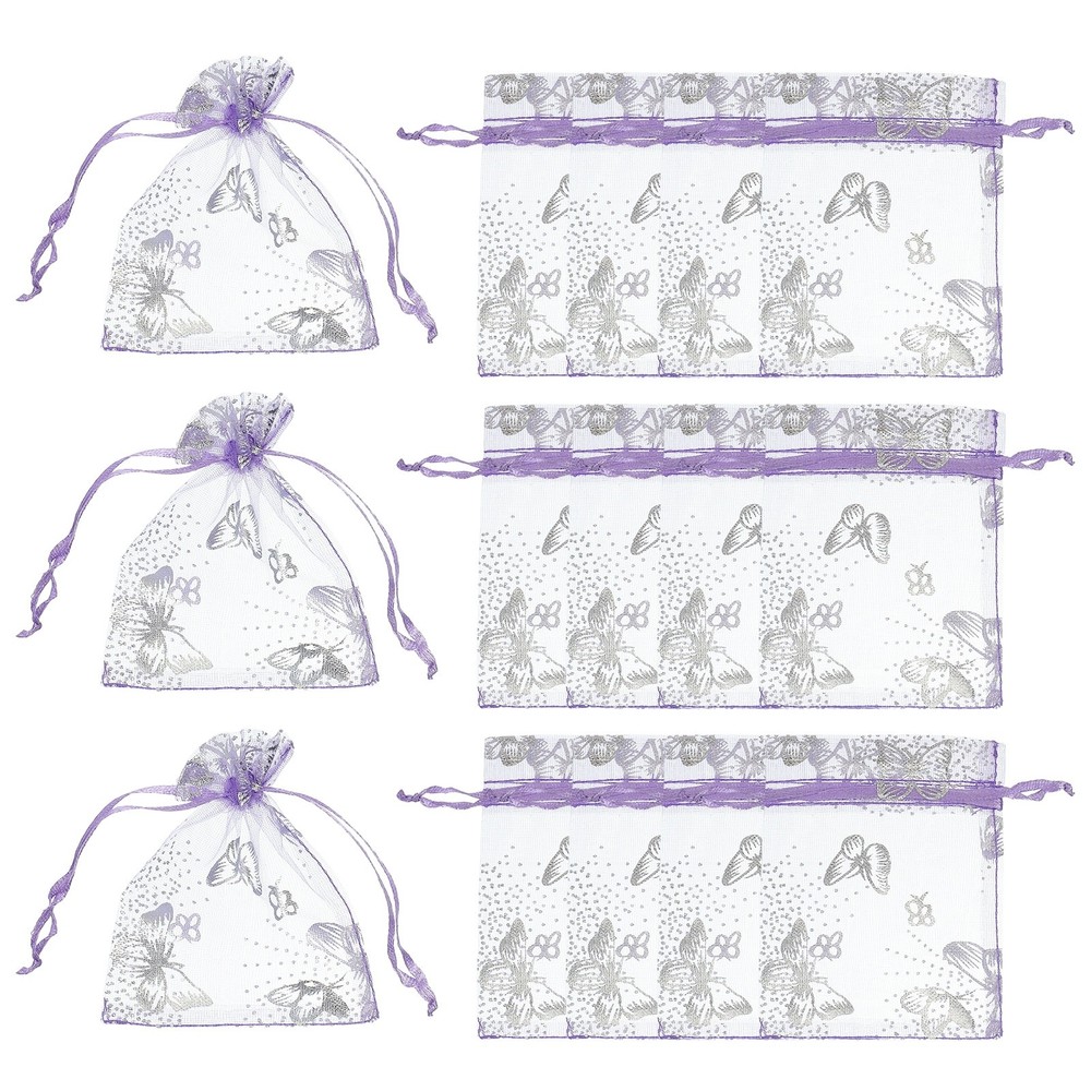 Organza Bags, 100 Pcs 2.8 x 3.5 Inch Butterfly Mesh Pouch, Light Purple Silver