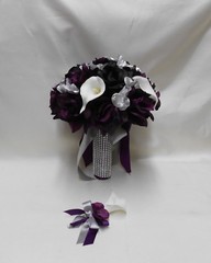 Silk Flower Wedding Bridal Bouquet Purple Plum Eggplant Silver Calla Lily 18 pcs
