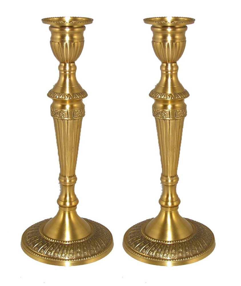 Candle Holder Antique Gold Brass Embossed Base 4.75″Dia 12″High Set of 2