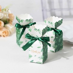 25 WHITE GREEN Leaves Print Gift Favor Boxes with Satin Ribbon Party Events