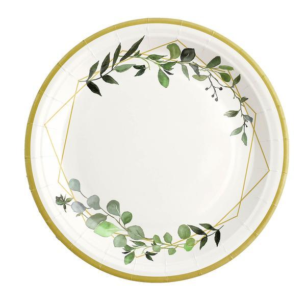24 White 9″ Round Paper Plates Eucalyptus Geometric Gold Rim Design Party Events