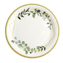 24 White 9″ Round Paper Plates Eucalyptus Geometric Gold Rim Design Party Events