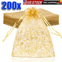 200pcs Gold Organza Wedding Party Gift Bags Favor Candy Sheer Jewelry Pouches US