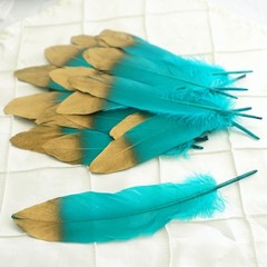 90 TURQUOISE with Metallic Gold Tip Natural Goose Feathers Wedding Decorations
