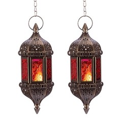 2 Pcs Hanging Hexagon Decorative Moroccan Candle Lantern Holders, 2pcs, Brown