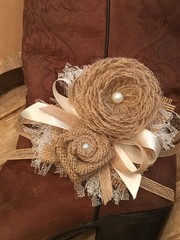 Rustic Wedding Jute Burlap Ivory Corsage Garter Headband Baby Shower Shabby Chic