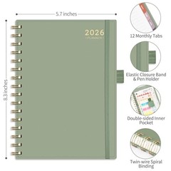 2026 Planner, Weekly and Monthly, Medium Size (5.7″ x 8.3″), Jan – Light Green
