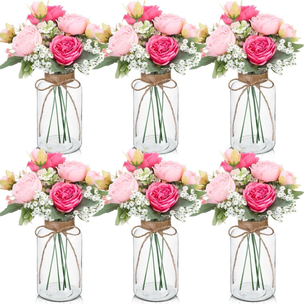 Rustic Mason Jar Centerpieces with Faux Peony & Baby’s Breath – 6 Sets