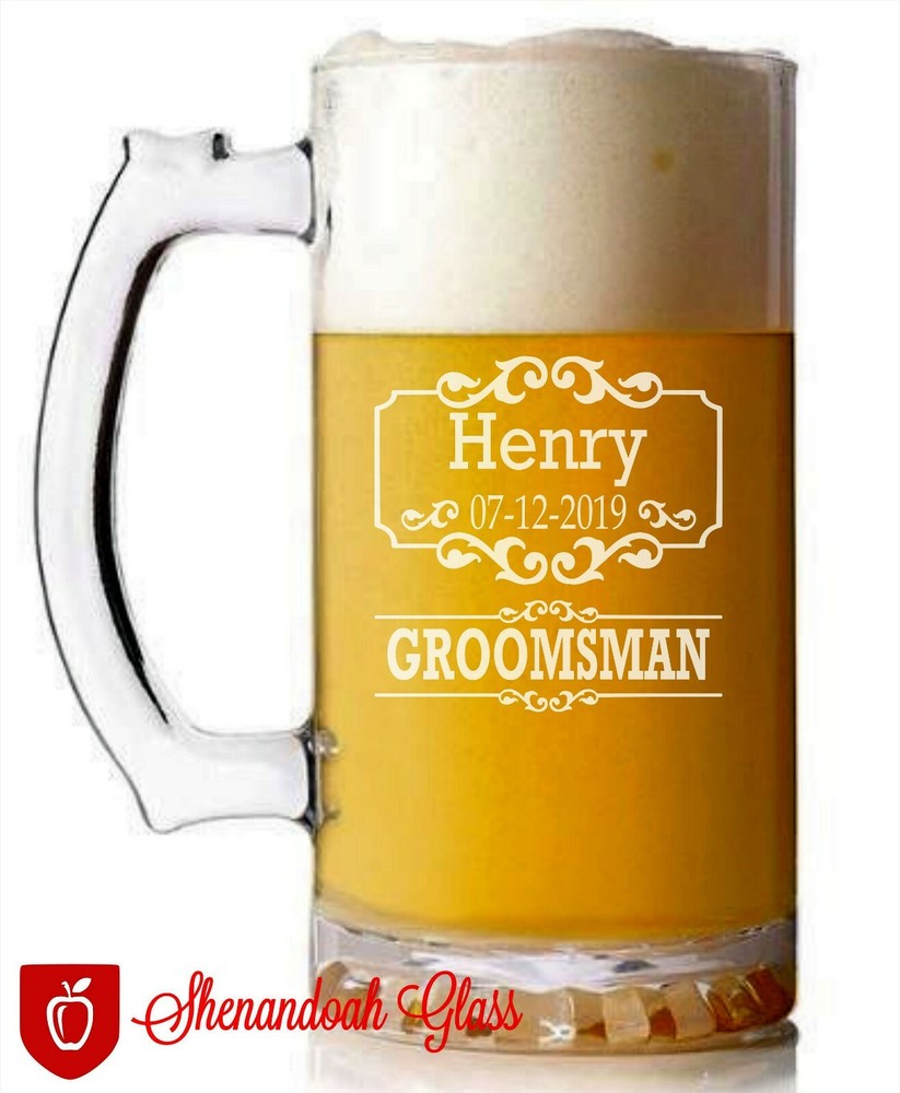 Qty. 6- Engraved Beer Mug Glass Groomsmen Wedding Party 26oz