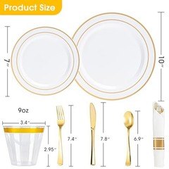 White and Plastic Dinnerware Set for 50 Guests, Disposable Party 350 PCS Gold