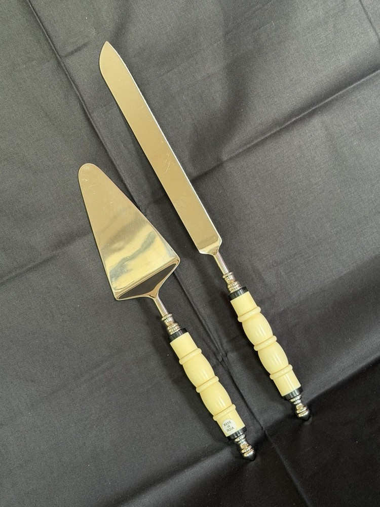 NEW! Wedding 15″ Cake Knife And 13″ Server Stainless Steel Blade Carved Bone
