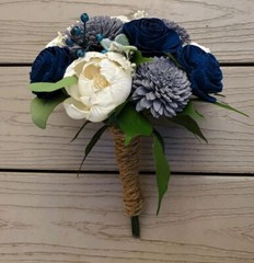 Navy Blue Gray Bridal Bouquet White Sola Wood Artificial Wedding Flowers Bride