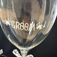 Vintage 80s Wedding Champagne Glasses Bride & Groom Heartline Lace Bows Set