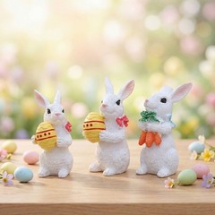 White Rabbit Resin Pair Easter Theme Carrot Egg Home Shelf Decor 2.5x3x6.5cm
