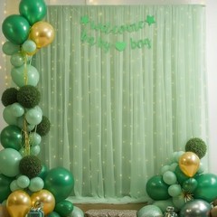 10x8ft Tulle Backdrop Curtain with Lights String 2 Panels(5*8FT) Olive Green