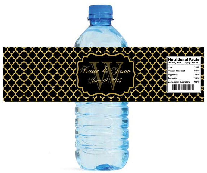 100 Gold Pattern Black Background Wedding Anniversary Shower Water bottle Labels