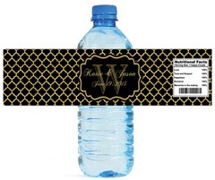 100 Gold Pattern Black Background Wedding Anniversary Shower Water bottle Labels