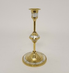 Candle Holder Brass Mother of Pearl Inlay Round 8″-9″-10″High Set of 3
