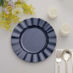 10 NAVY BLUE 9″ Round PLASTIC Salad Dinner PLATES Gold Wavy Rim Wedding Party