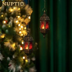 2 Pcs Hanging Hexagon Decorative Moroccan Candle Lantern Holders, 2pcs, Brown