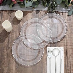 CLEAR SILVER 10 Round 8″ Plastic Salad PLATES Beaded Rim Party Events