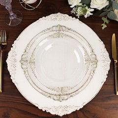 10 CLEAR GOLD 10″ Round Plastic Salad Dinner PLATES Embossed Baroque Rim Party