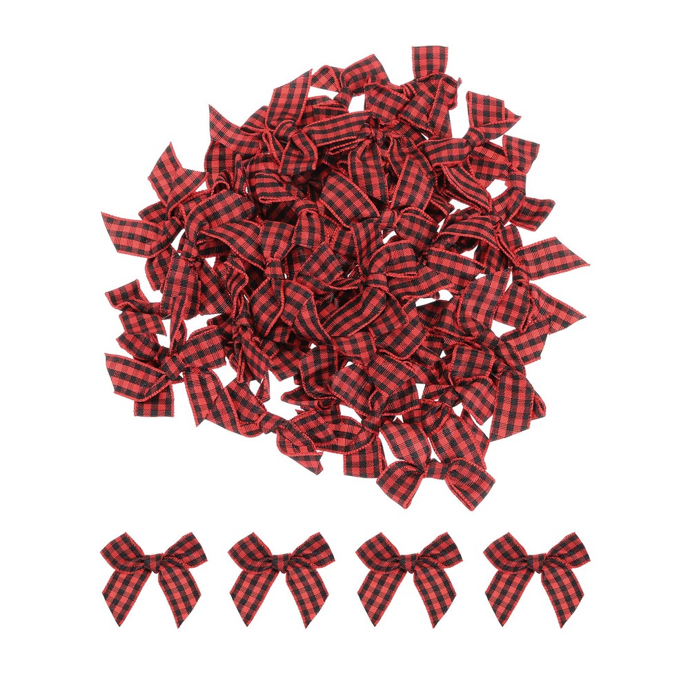 100Pcs Mini Gingham Ribbon Bow 1.5″ Checkered Fabric Satin Black and Red