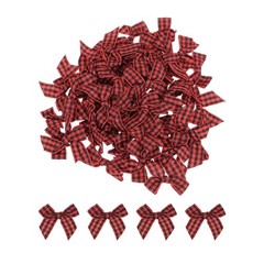 100Pcs Mini Gingham Ribbon Bow 1.5″ Checkered Fabric Satin Black and Red