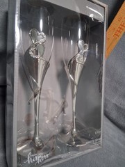 Wedding Champagne toasting Flutes His and Hers New In Box Set of 2 Silver
