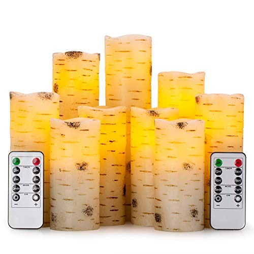 Flameless Flickering LED Candles Birch Bark 9 Pack (D:2.2″ x H:4″5″6″7″8″9″)