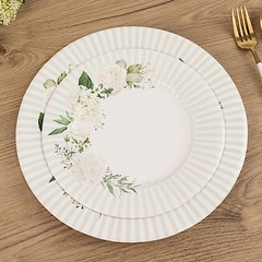 25 White 8″ Dessert Paper Plates with Sage Green Floral Lined Rim Decorations