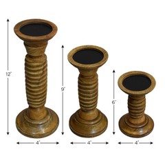 Handmade Wood Traditional Medium Polish Set Of Three Pillar Candle Holder BBH