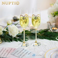 NUPTIO 50th Anniversary Champagne Flutes: Set of 2 Gold Crystal Toasting Glas…