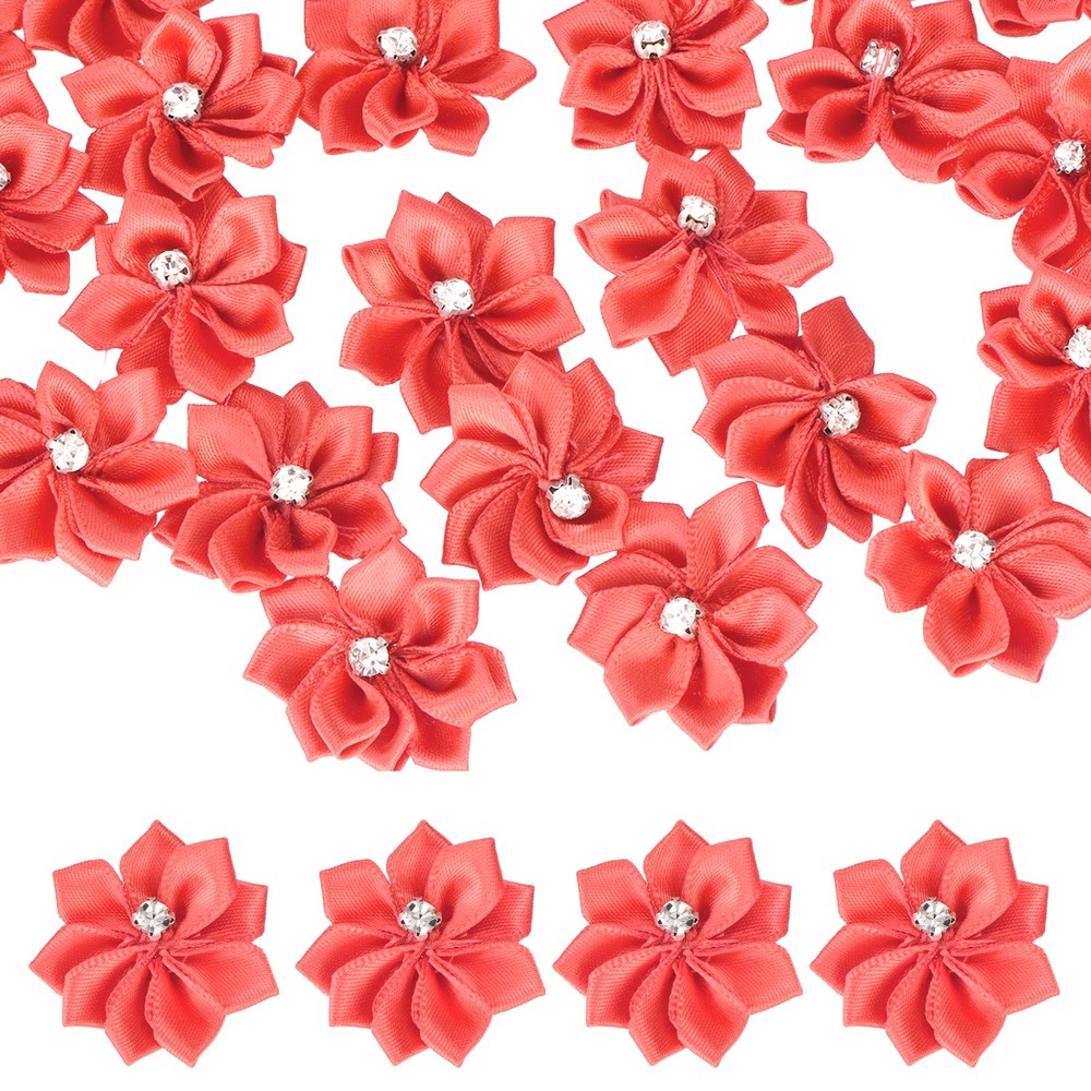 100 Pcs Ribbon Flowers, 1.2 in Fabric Flowers with Rhinestones, Watermelon Red