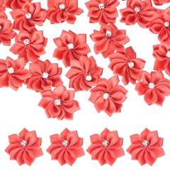 100 Pcs Ribbon Flowers, 1.2 in Fabric Flowers with Rhinestones, Watermelon Red