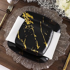 10 BLACK GOLD Square Metallic Marble Plastic Salad DINNER PLATES Party Tableware