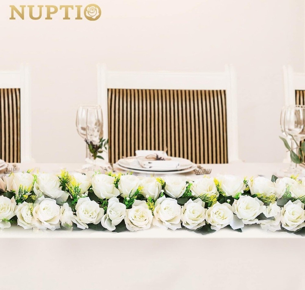 NUPTIO Artificial Flower Centerpiece 2 Pc 16″x6″ White Roses Floral Arrangement