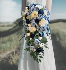 24″ Long Dusty Blue Navy Bridal Bouquet Sola Wood Flower Cascading White Wedding